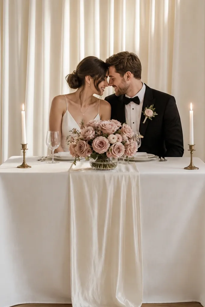 A sweetheart table on a small floor plan with an ivory satin curtain behind the couple. The table has a white tablecloth, a narrow ivory runner, and a single centered arrangement: dusty rose garden roses and small ranunculus in a low clear vase. Two slim gold candle holders sit symmetrically near the front corners.