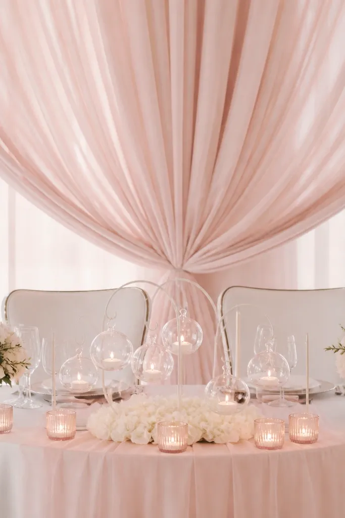 A blush chiffon curtain hangs behind a small sweetheart table, gathered loosely at the center. The table has a blush runner and a centerpiece with clear glass orbs suspended above a bed of white petals. Two short floral compotes sit at the far ends, and soft pink votives glow along the front edge.