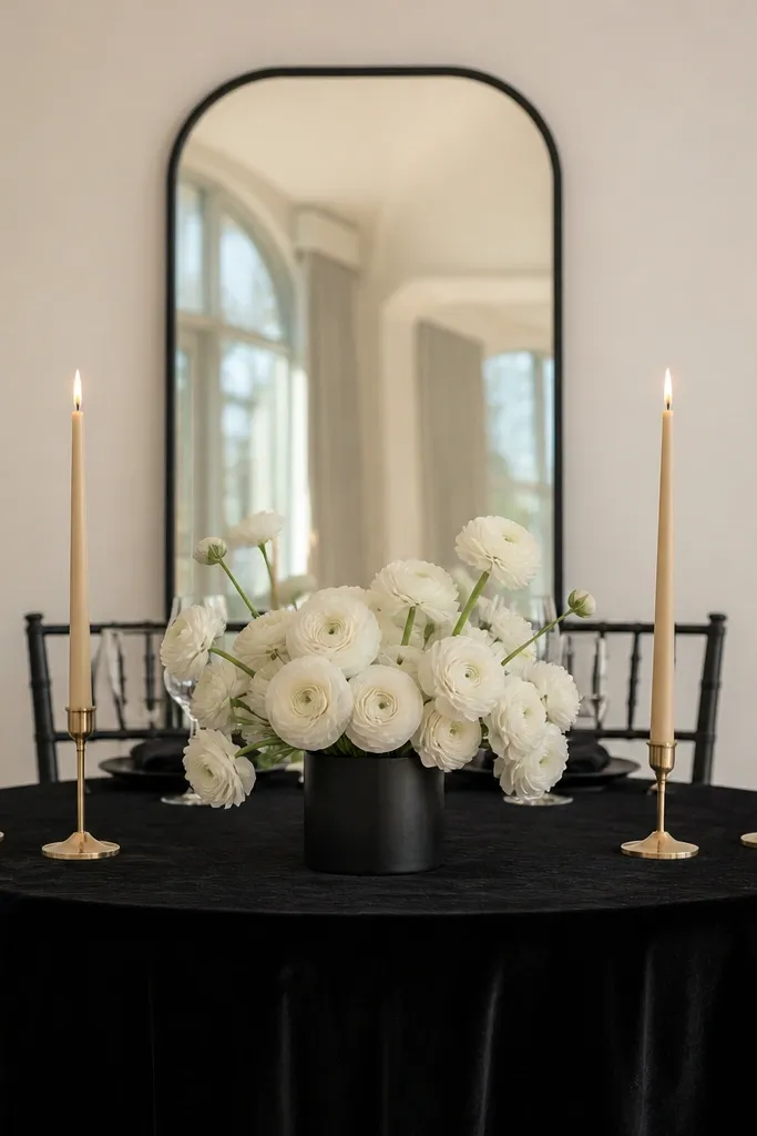 A small sweetheart table dressed in black velvet with a centered white ranunculus arrangement in a black cylinder vase. A straight line of gold taper holders runs along the front edge, two holders each side of the centerpiece. Behind the table is a simple cream wall with a thin black-framed mirror backdrop.