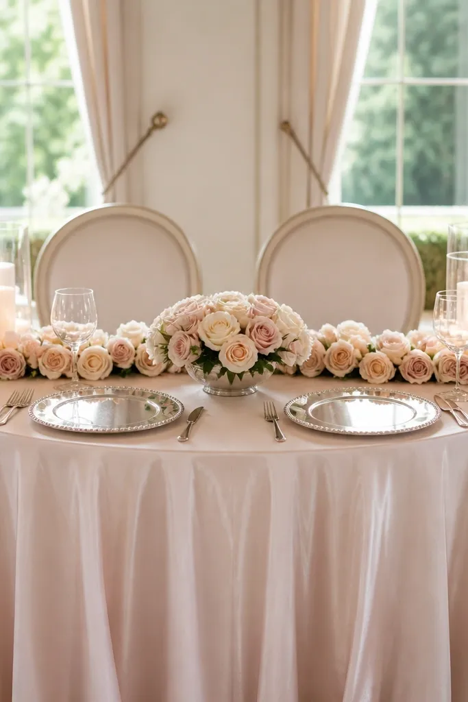 A small sweetheart table styled with mirrored charger plates at the center and around the front. A tight blush-and-cream rose bud garland runs along the centerline of the table, staying narrow. The centerpiece is a small low bowl of roses, and there are two candle clusters at the back corners.