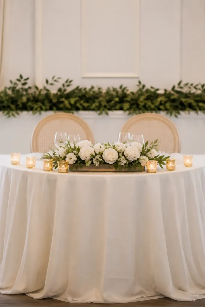 A small sweetheart table with a sheer ivory chiffon overlay draped lightly over the base cloth. The centerpiece is a low tray of green foliage and white blooms, about 4 inches tall. Along the front edge are gold tea light holders evenly spaced, and behind the table is a simple greenery line across the top.