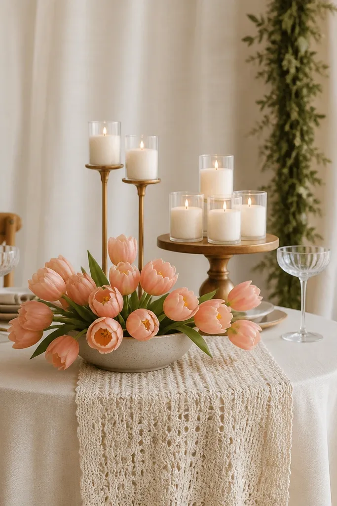 A small sweetheart table with a cream crochet runner running down the center. Peach tulip clusters sit in a low ceramic bowl. At the back are two-tier candle holders mounted on a cake stand, with white votives stacked neatly. The backdrop is cream fabric with a thin greenery strip.