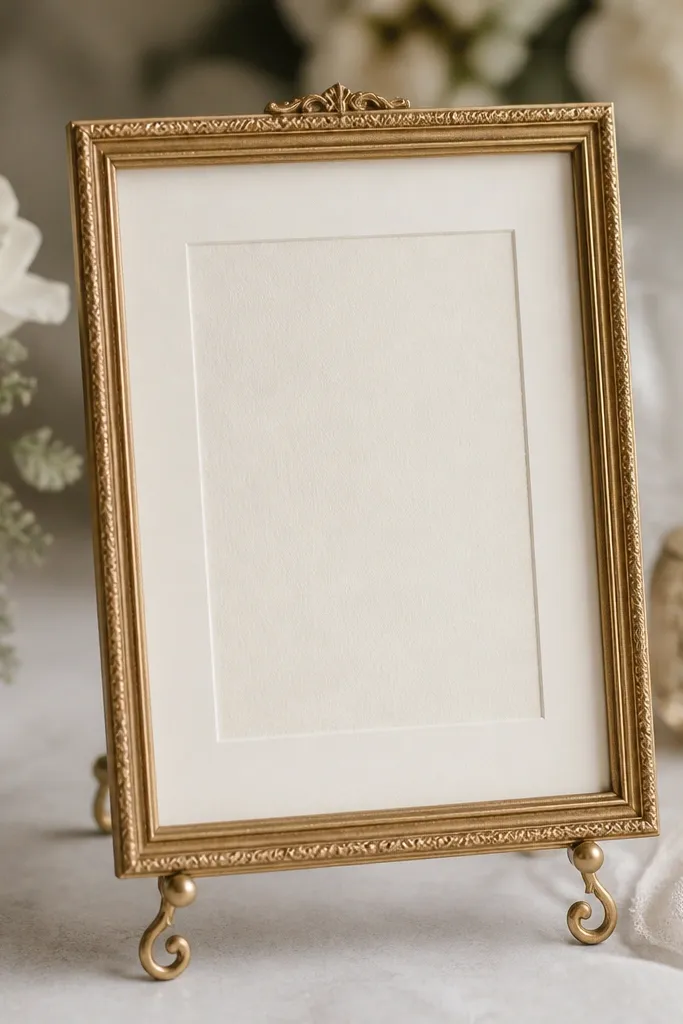 A small rectangular wedding card frame with an antique gold finish and fine carved edges, holding a 5x7 cream invitation card. The glass is clear, the card sits centered with a wide ivory mat border, and the frame stands on a slim gold tabletop easel.