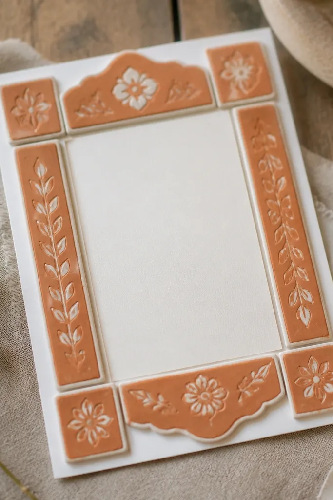 A small wedding card frame made with terracotta tile-like panels in warm orange-brown, edged with cream. The invitation sits on a white mat, and the frame looks handmade on a rustic table.