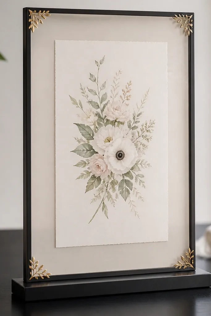 A slim black metal wedding card frame with sharp edges and small gold leaf accents at the four corners. The invitation is centered behind glass with a light mat, and the frame stands on a dark base.