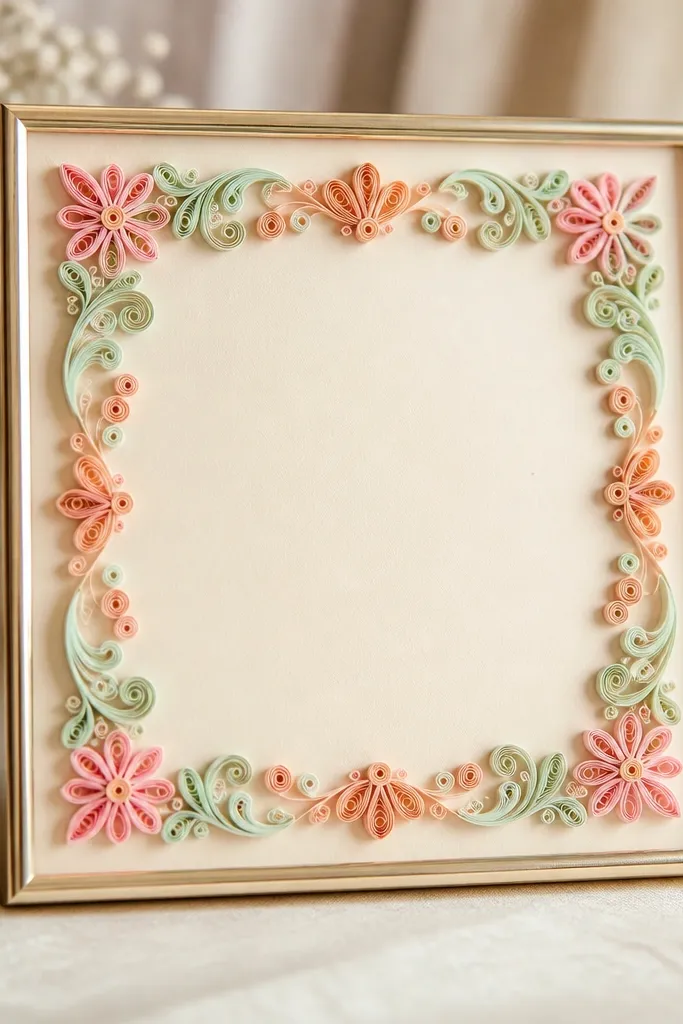 A rectangular small wedding card frame with a pastel quilled paper rangoli border around the inner edge. The colors are soft pink, mint, and peach, and the invitation sits on a cream mat behind clear glass.