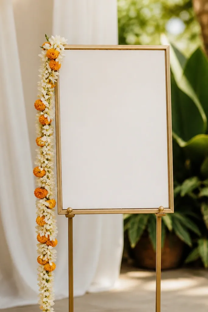 A simple gold or wood wedding card frame (no heavy border) mounted on a tall stand, with one side garland of jasmine and marigold wrapped around the stand. The invitation is centered and the garland sits beside it.