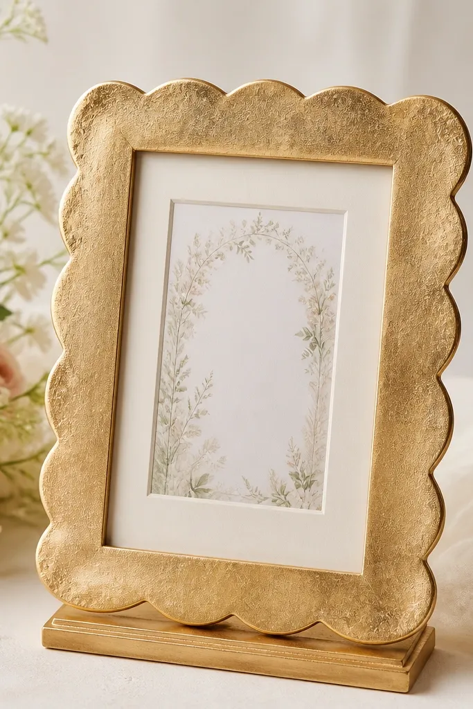 A small wedding card frame made of paper mache with a soft scalloped outer edge and gold leaf finish. The invitation sits behind glass with a warm cream mat, and the frame stands on a gold base.