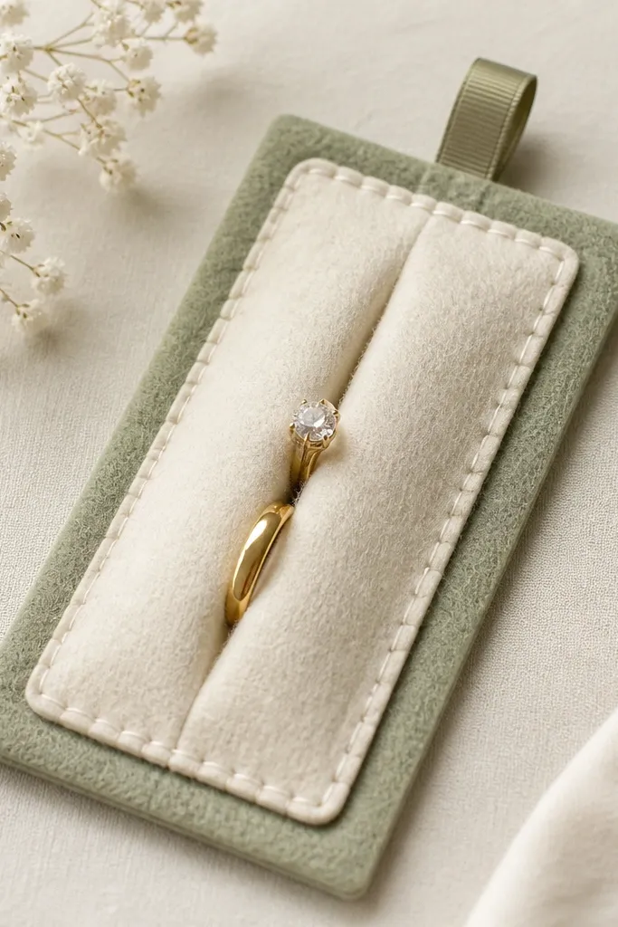 A felt ring holder laid flat: two-color felt rectangles (cream and muted sage) stitched with visible running stitches, with a small ribbon loop on top and a shallow center cradle for rings.