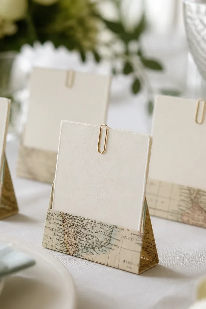 Place cards standing in small folded holders made from vintage map paper, with a small gold paperclip at the top holding a cream place card.