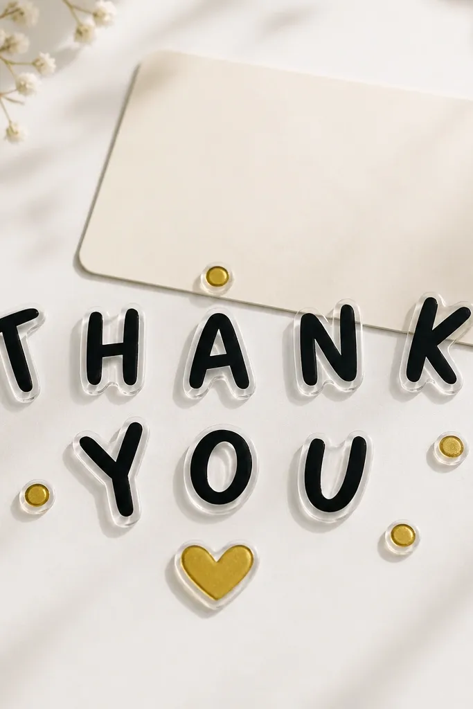 A set of small acrylic or vinyl-style window clings on a white surface: letters spelling 'THANK YOU' in black, with small gold dots and a small heart, plus a blank backing card behind them.