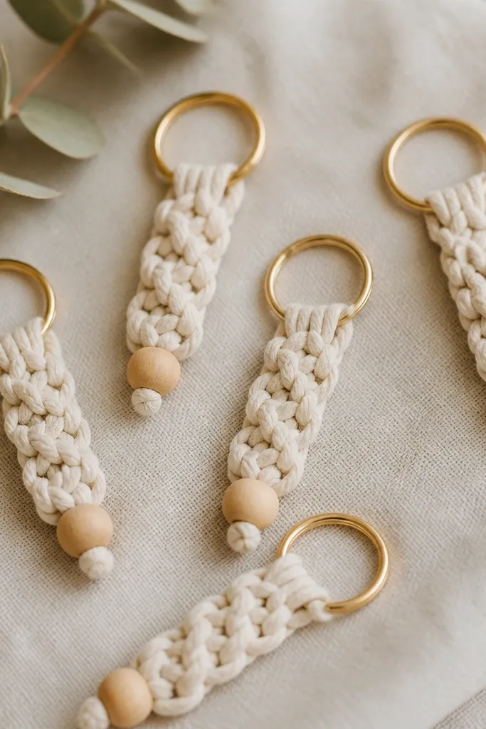 Close-up of small keychain favors: a short macramé knot pattern in cream cord, each with a tiny gold split ring and a small wooden bead at the bottom.