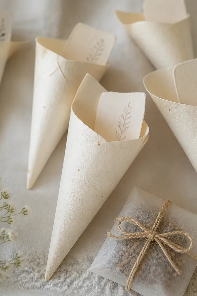 Conical seed paper holders in cream, each with a small handwritten name card tucked inside, plus a small packet of seeds tied with twine.