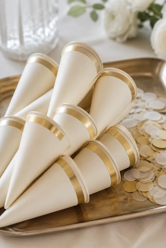 A set of small confetti cones made from thick cardstock, each cone in ivory with a gold band, stacked on a tray with confetti pieces beside them.
