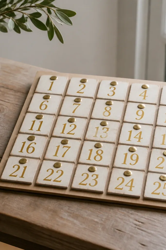 Small rectangle wood pieces painted off-white with gold number stencils, pinned onto a thin wood board with brass push pins, set on a low table.