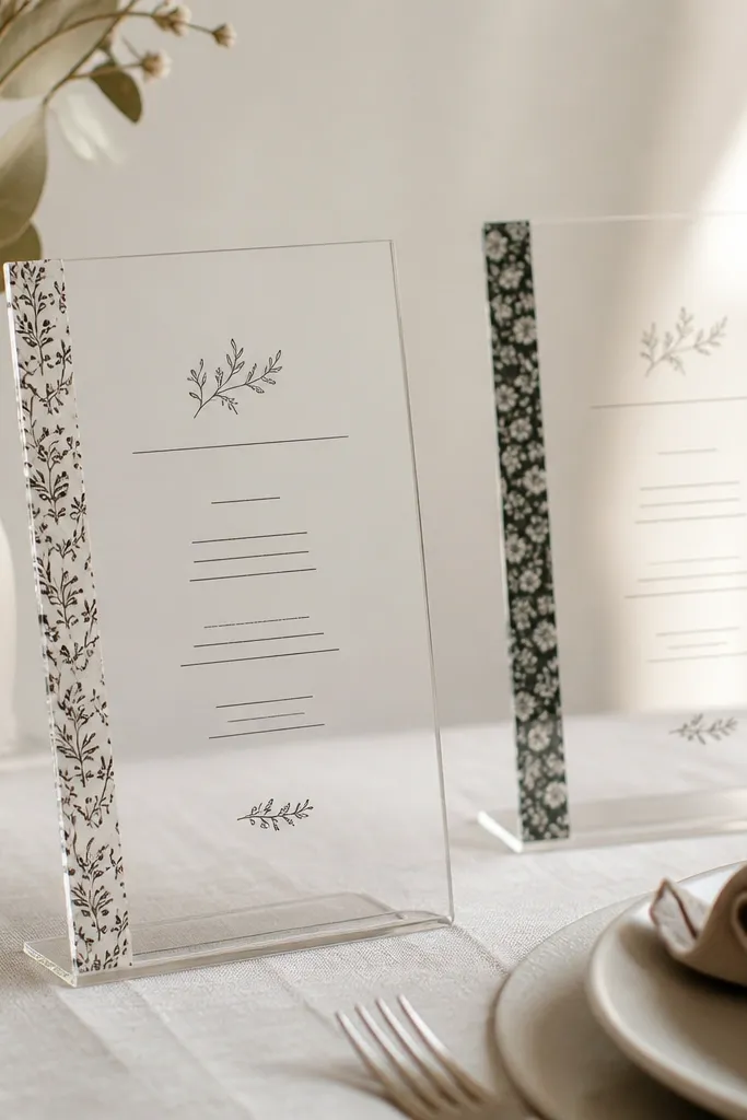 Clear acetate menu cards printed with black text, with a strip of patterned washi tape along the left spine, and a small folded stand at the bottom.