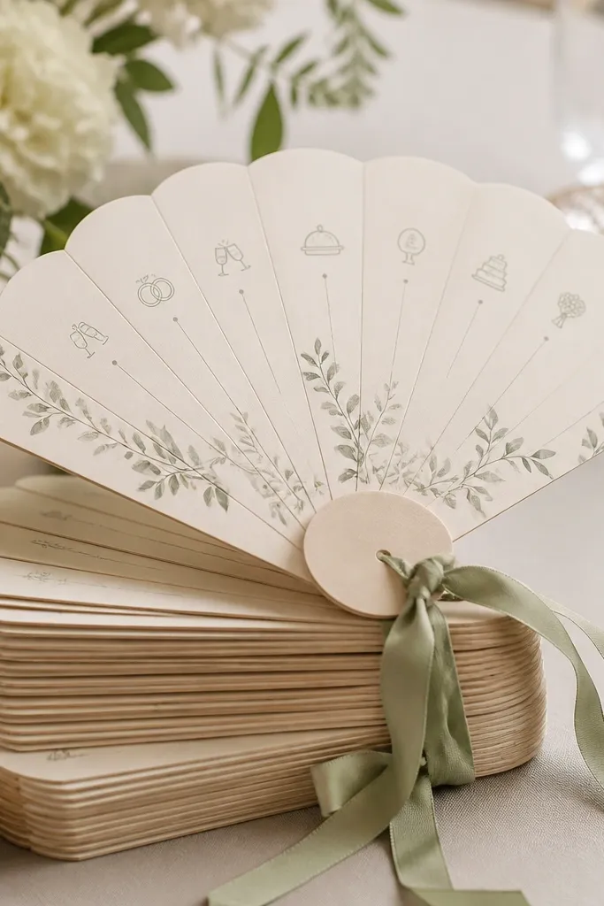 A stack of folded menu fans made from thick paper: each fan opens to show printed schedules, with a ribbon tie holding it closed, set on a reception table.