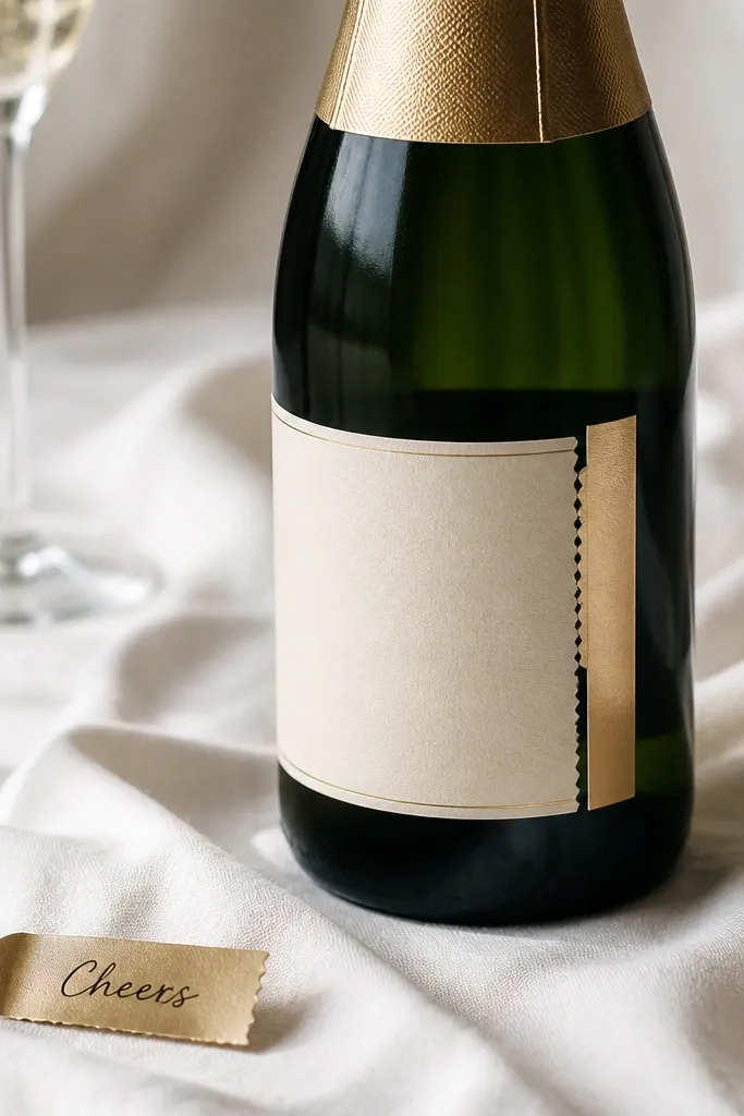 A champagne bottle with a cream label and a tear strip on the side, plus a small gold tear-off tab with 'Cheers' written in black, set on a white cloth.