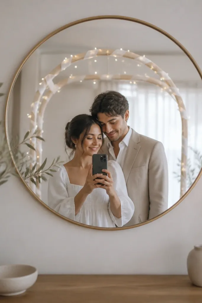 A round mirror centered above a small console. A lightweight arch made from thin wooden dowels is wrapped in white satin ribbons and dotted with tiny warm fairy lights. The reflection shows the ribbon arch forming a soft halo behind the couple.