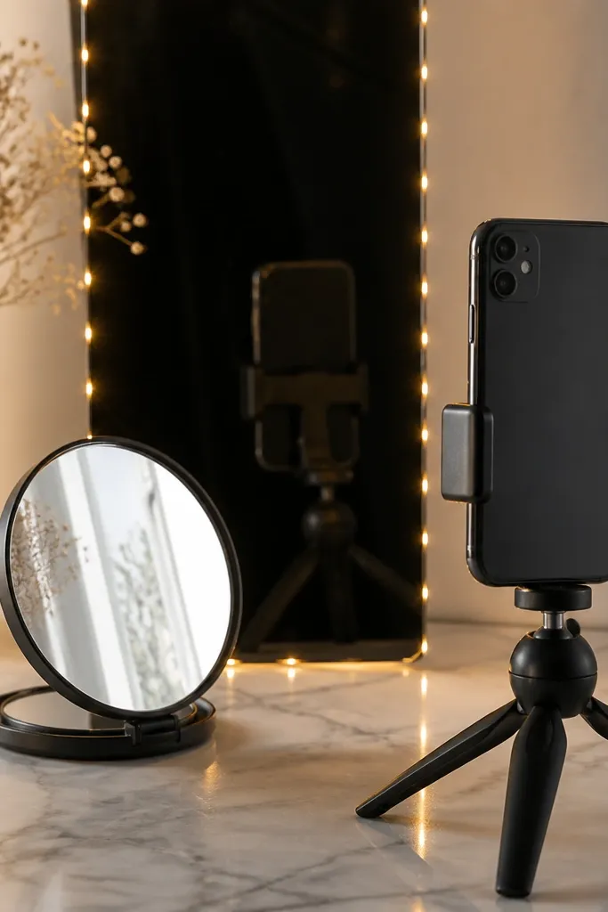 A compact tabletop mirror sits on a small stand next to a mini tripod holding a phone. Behind it, a narrow strip of black acrylic is propped vertically. Warm LED fairy lights run along the edges, creating a clean, high-contrast reflection.