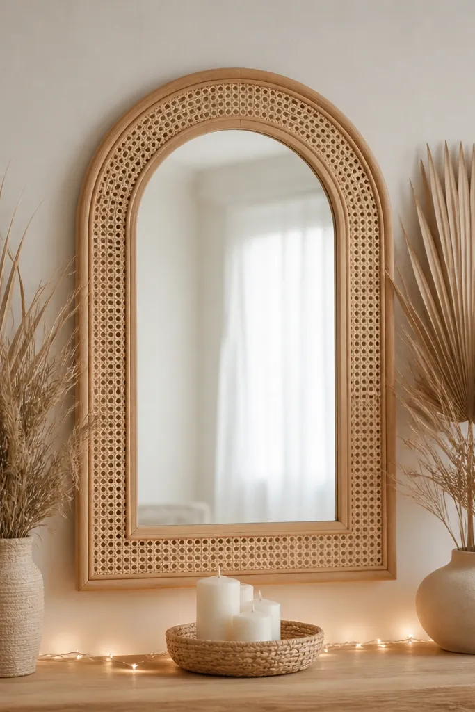 A cane-backed mirror with a natural rattan frame. Dried palm fronds are arranged in two side clusters, and a warm light string runs along the bottom edge. A small woven basket holds a few white candles under the mirror.