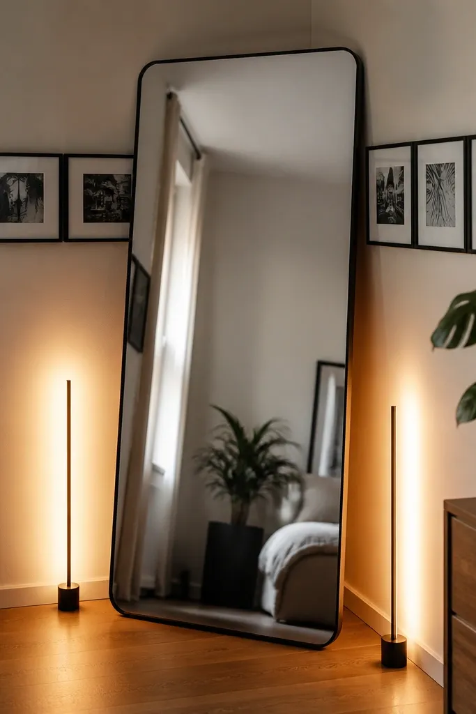 A tall mirror placed in a room corner at a slight angle so it captures both walls. Two warm LED light bars sit on either side near the floor. A thin strip of framed photos runs along the wall behind the mirror.