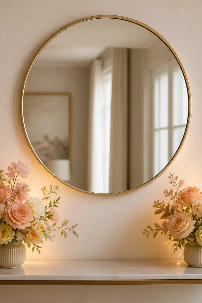 A gold round mirror with a thin frame. Two small mini bouquets in pastel colors (peach, blush, pale yellow) sit on either side of the mirror on a narrow table. Warm fairy lights are hidden behind the bouquets.