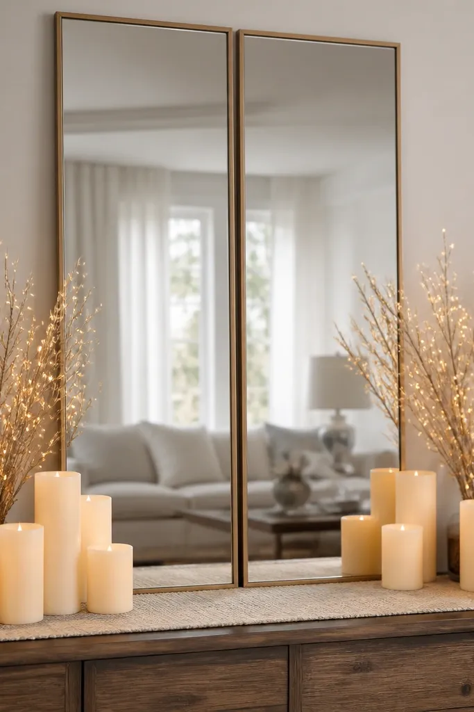Two narrow mirrors placed side by side with a small gap, forming a wider reflection. A narrow runner runs along the table base. Several battery LED candles line both sides, and a few faux spark sticks sit behind the candles.