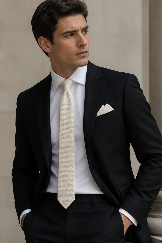 A black rental suit jacket and trousers with an ivory knit tie and a folded ivory pocket square; the tie texture is visible, and the pocket square sits slightly higher than the breast pocket seam.