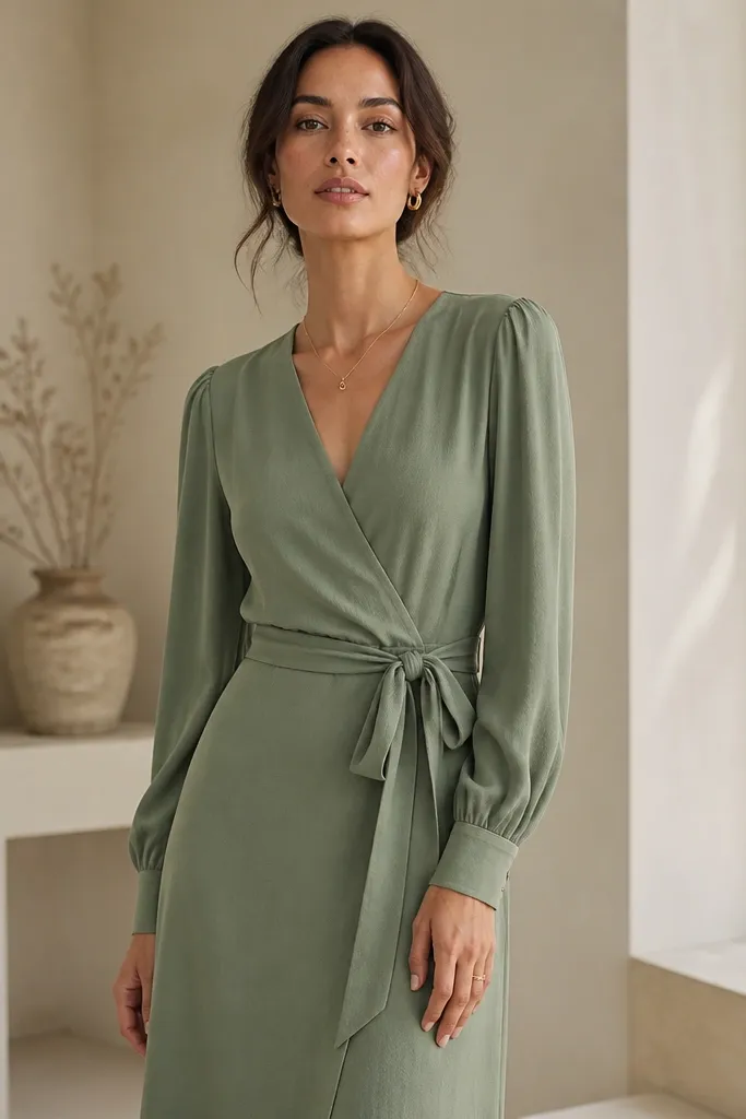 A sage green wrap dress in crepe fabric with a tied waist belt; the wrap has a deep V that is neatly aligned, and the fabric has a matte, textured look.
