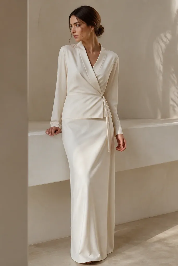 A crepe wrap top in soft cream paired with a long matching skirt; the wrap neckline is neat and the fabric falls in a smooth column.
