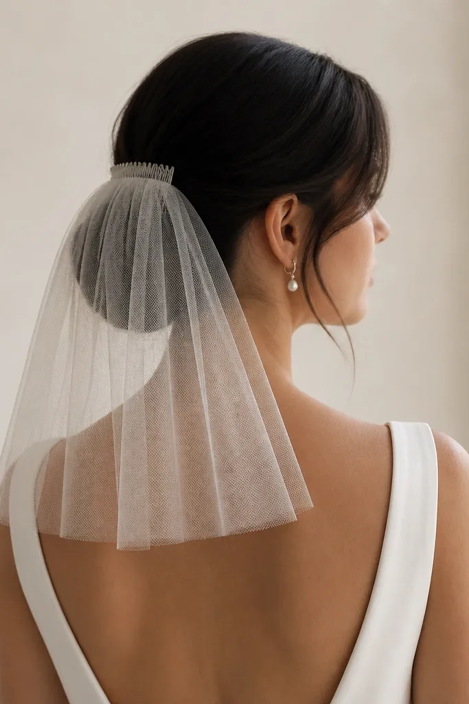 A short micro-veil attached to a small hair comb, placed over a low bun; the veil reaches just above the shoulders and looks matte, not shiny.