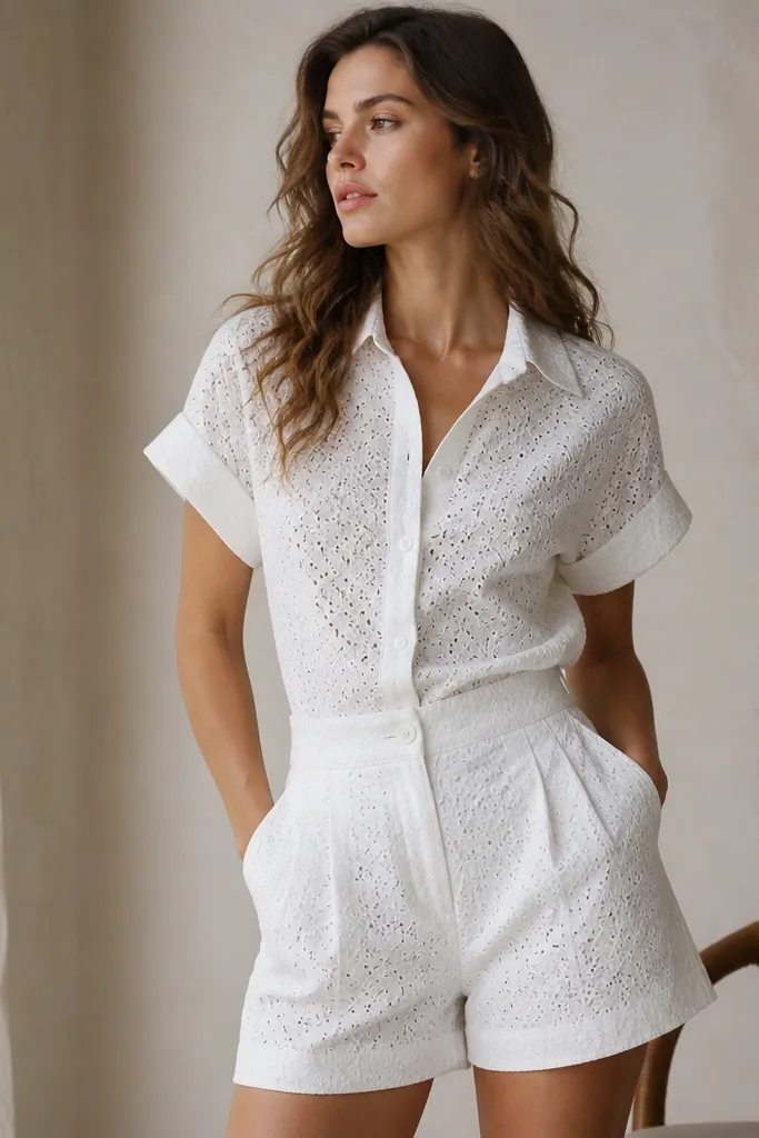 A white eyelet blouse with short sleeves paired with matching high-waist white shorts; the fabric has small embroidered holes and a structured fit.
