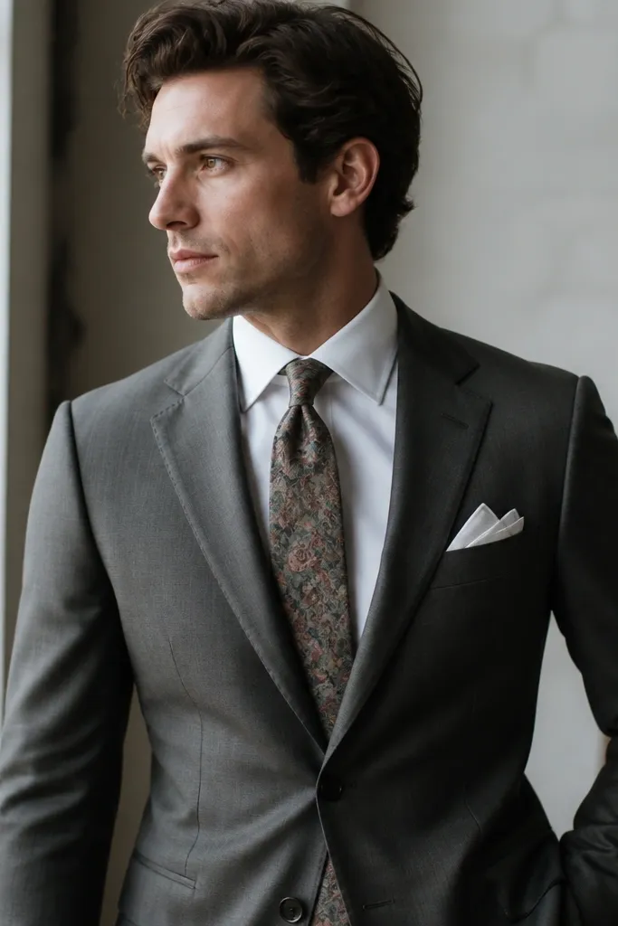A tailored gray suit with a muted floral patterned tie; the tie colors are subdued and match a pocket square with a simple white fold.