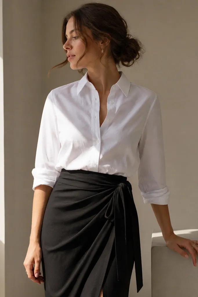 A white button-up dress shirt worn tucked into a black wrap skirt; sleeves are rolled and the skirt has a matte drape with a tie at the waist.