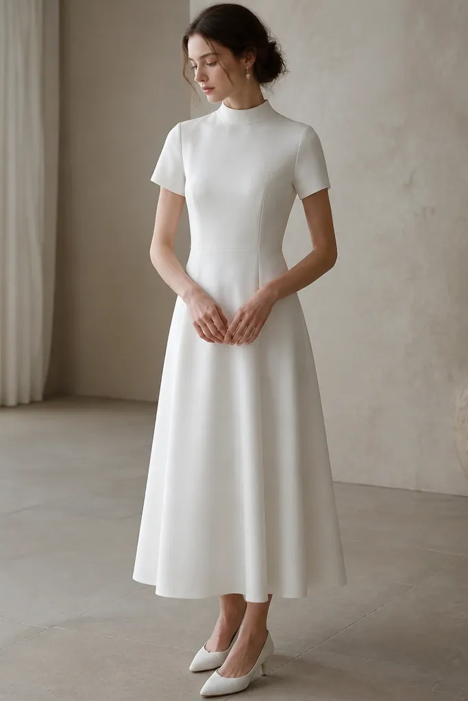 A tea-length crepe dress in soft white with a high neckline and short sleeves; the fabric is matte and the skirt falls smoothly without a train.