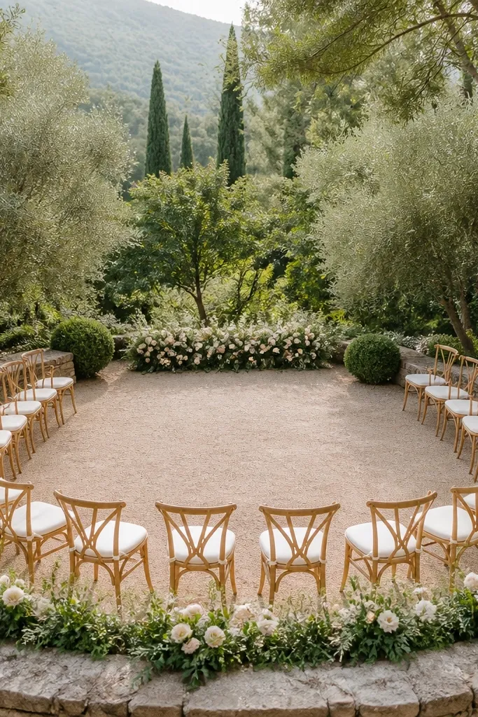 Guest chairs form a horseshoe around a small ceremony area. A low garden border or stone edging frames the space, with a simple floral line at the front.