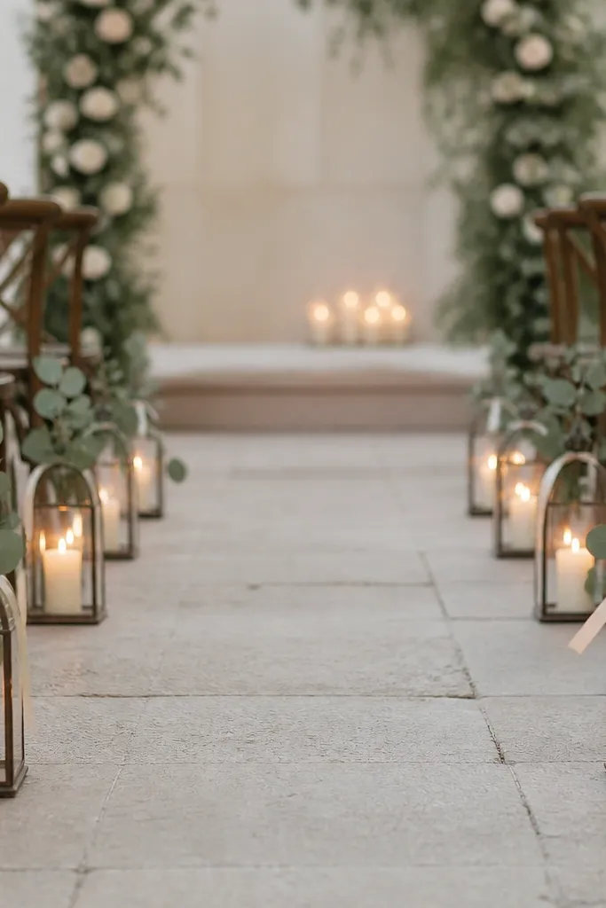 Small lanterns line both sides of a narrow ceremony aisle. Each lantern has a single eucalyptus sprig tied with ribbon, and warm candlelight glows inside.