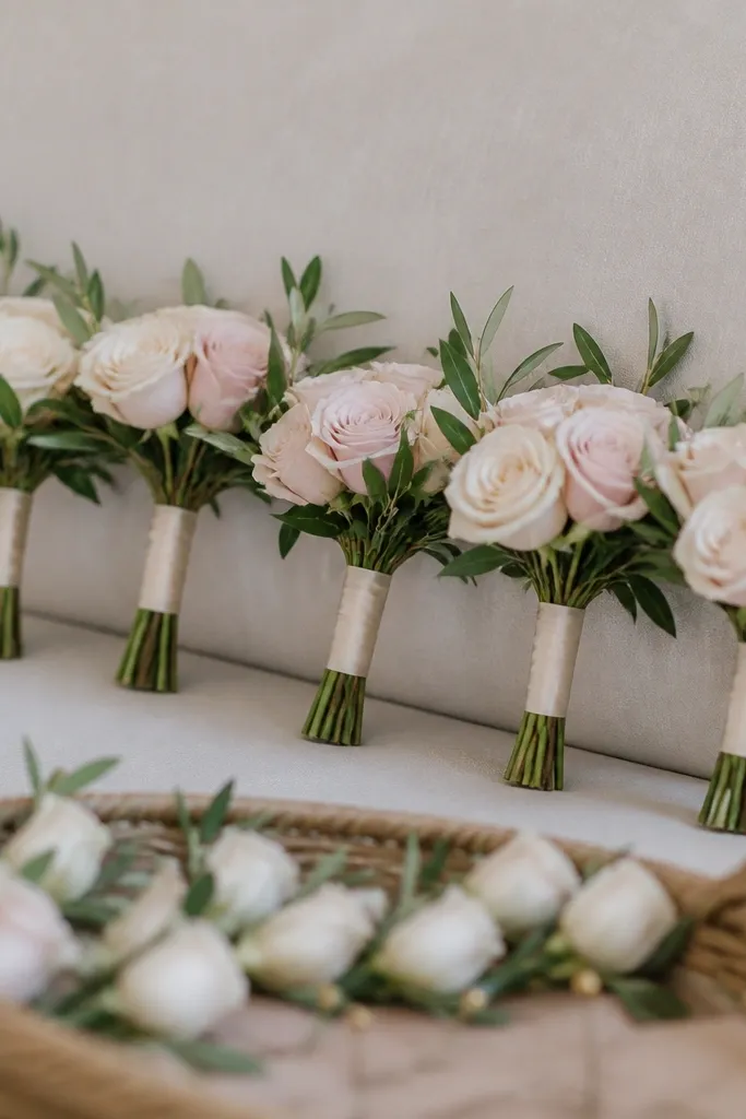 A set of small bridesmaid bouquets made with one main flower each, like blush spray roses, with a bit of greenery. Guests have matching bud bouquets at the ceremony entrance.