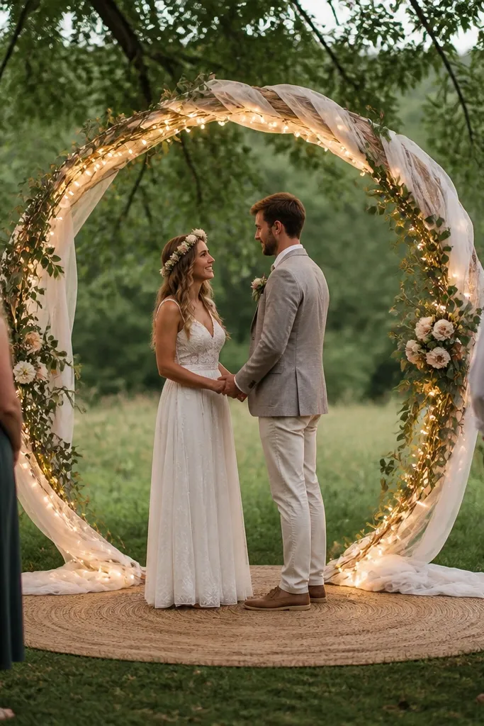 A photo spot in the yard: a circular ring made from fabric and branches, wrapped in fairy lights. Guests stand in a small circle area with the couple in the center.