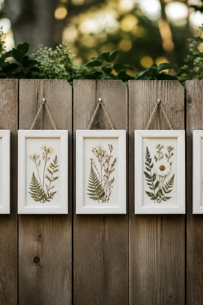 Mini frames hang on a fence, each with a table number and a pressed herb arrangement. The frames are evenly spaced and painted white.