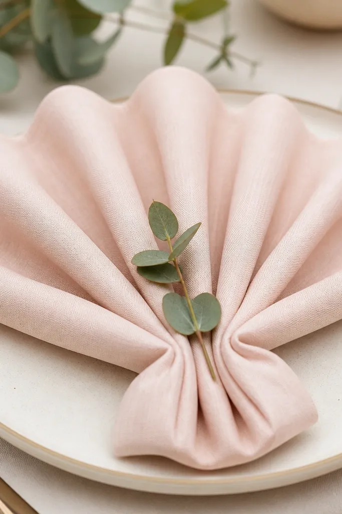 Close-up of place settings: soft blush napkins folded into a fan shape on cream plates. Each napkin has a small eucalyptus leaf tucked under the fold.
