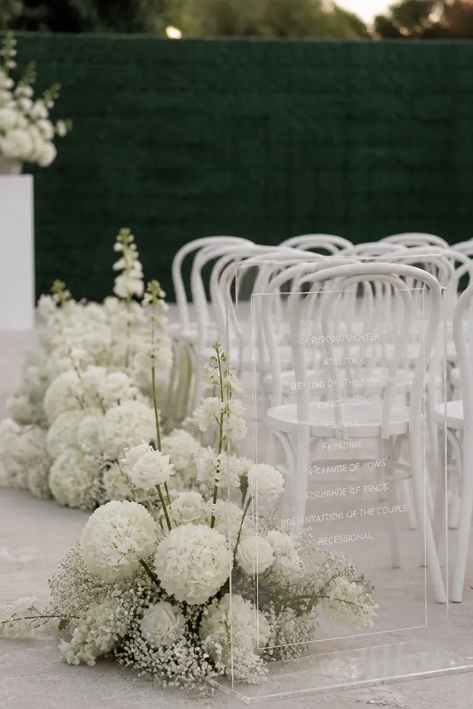 A monochrome white ceremony: white chairs, white floral clusters, and clear acrylic signs listing ceremony order. The background is a green fence with minimal decor.