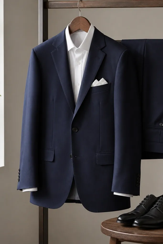 A navy two-piece suit on a hanger with a white pocket square folded neatly, paired with a black leather belt and polished black dress shoes. The jacket looks structured but not stiff, and the shirt is crisp with a classic collar.