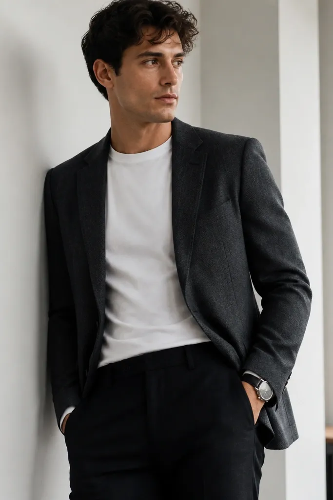 A charcoal blazer worn over a fitted white crew-neck tee, shown with dark trousers and minimal jewelry. The blazer looks matte and slightly textured, and the outfit includes a simple watch with a dark strap.