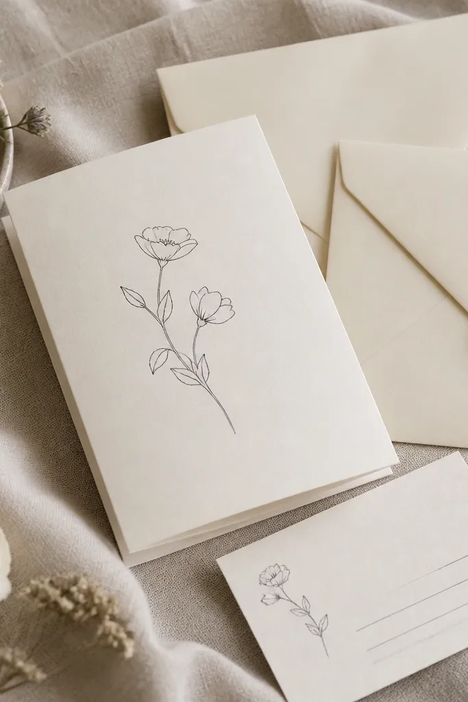 A set of wedding invitations printed in dark ink on off-white cardstock with a single minimalist line drawing. There are matching RSVP cards and cream envelopes sealed with a small wax-like sticker.