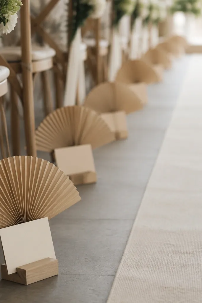 Small standing kraft paper fans placed along the aisle, each with a simple printed name card. The fans are in a line with consistent spacing, and the aisle runner looks neutral.
