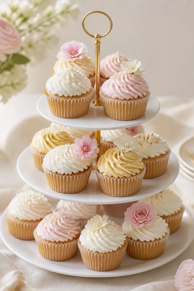 A tiered cupcake stand filled with assorted cupcakes in white, light pink, and pale gold frosting. There are small edible flowers on top of some cupcakes, and the stand sits on a cream tablecloth.