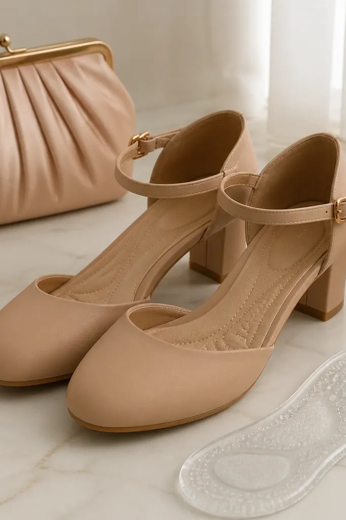Nude block heels paired with a gel insole, shown next to a small satin clutch. The shoes have a rounded toe and a low-to-mid height heel, and the straps look secure.