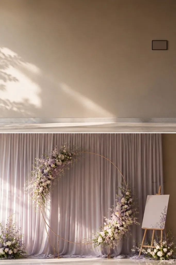 A couple's photo area against a wall. Before: the wall is bare with only a small sign. After: the wall has a lavender-gray drape panel, a single circular floral hoop in soft purples and whites, and a small welcome card on an easel. The lighting looks warm and directional, creating soft shadows.